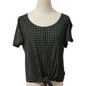 SO Button Down Black and White Polka Dot Tie Front Stretchy Blouse Size Large